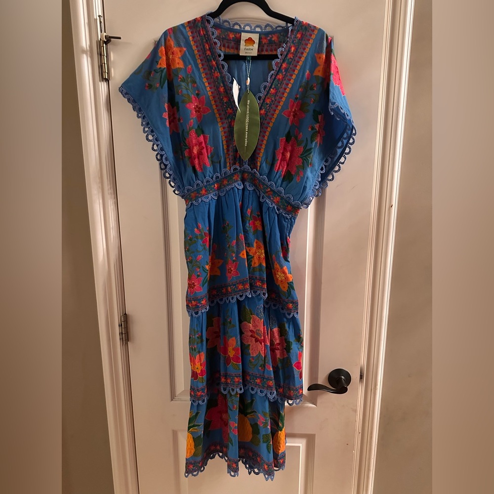 FARM Rio Blue Tropical Tapestry Layered V-Neck Dress NWT - Picture 6 of 10